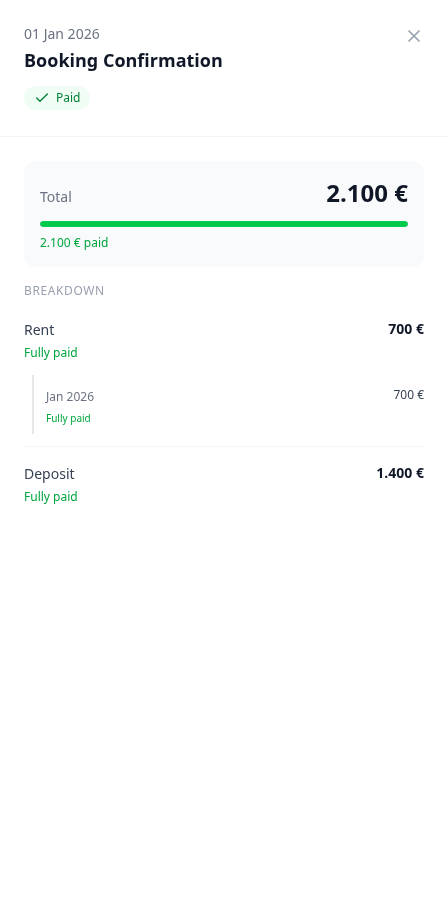 Tenant Portal — Booking Confirmation payment details with Paid, Total, and Rent plus Deposit breakdown