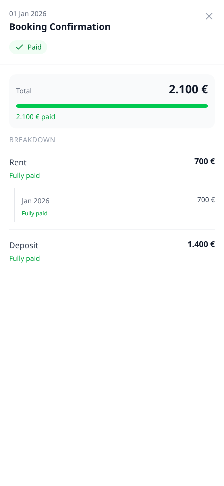 Tenant Portal — phone Booking Confirmation payment details with Paid, Total, and Breakdown