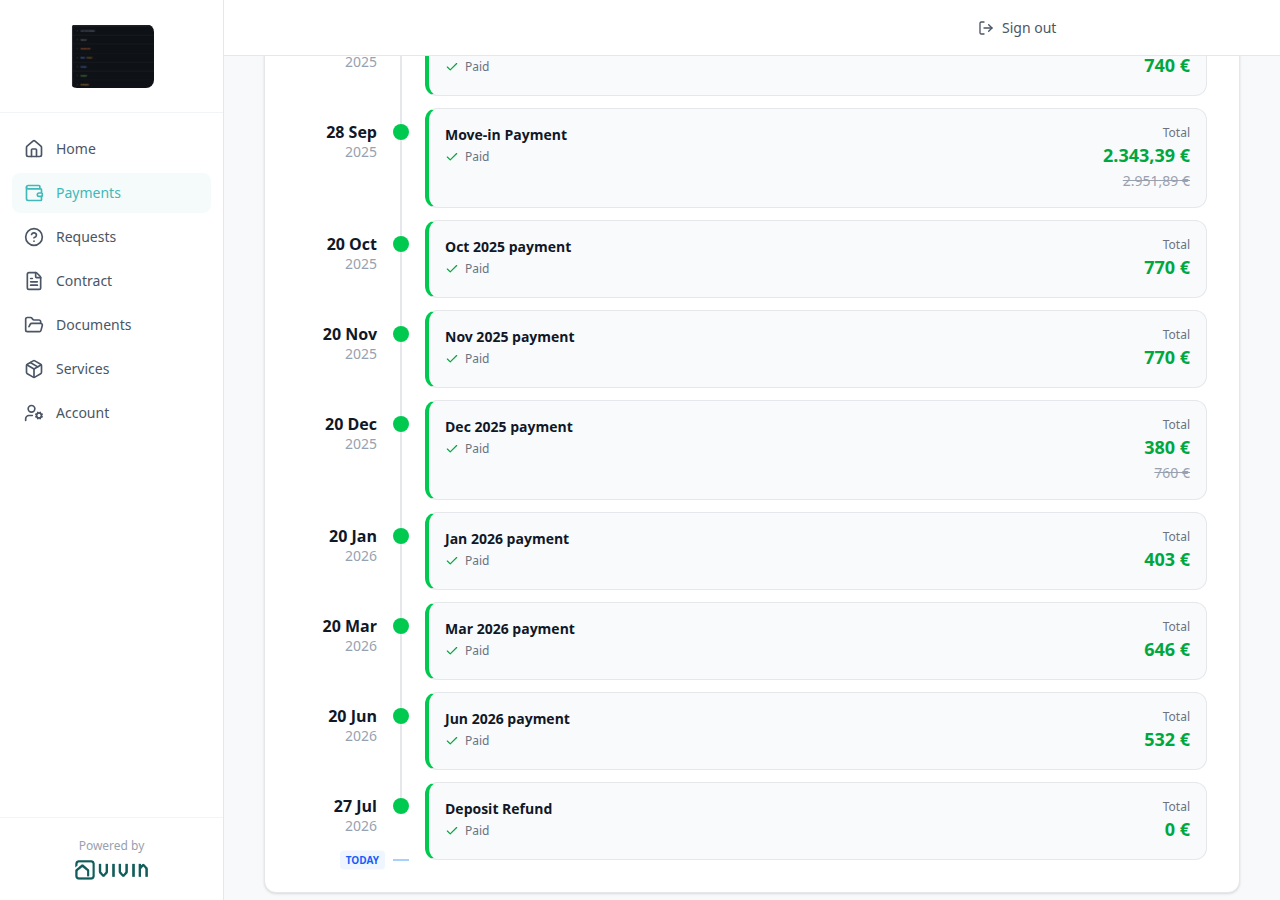 Tenant Portal — Payment Timeline with Dec 2025 payment Paid 380 € and 760 € struck through