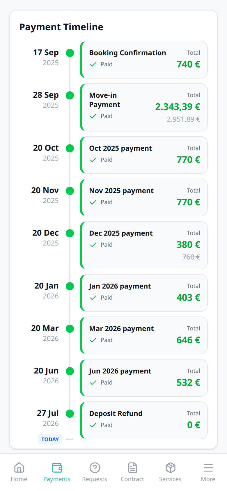 Tenant Portal — phone Payment Timeline Dec 2025 payment with struck-through original Total