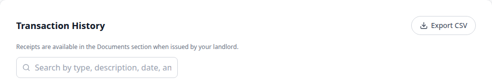 Tenant Portal — Transaction History Export CSV beside the heading