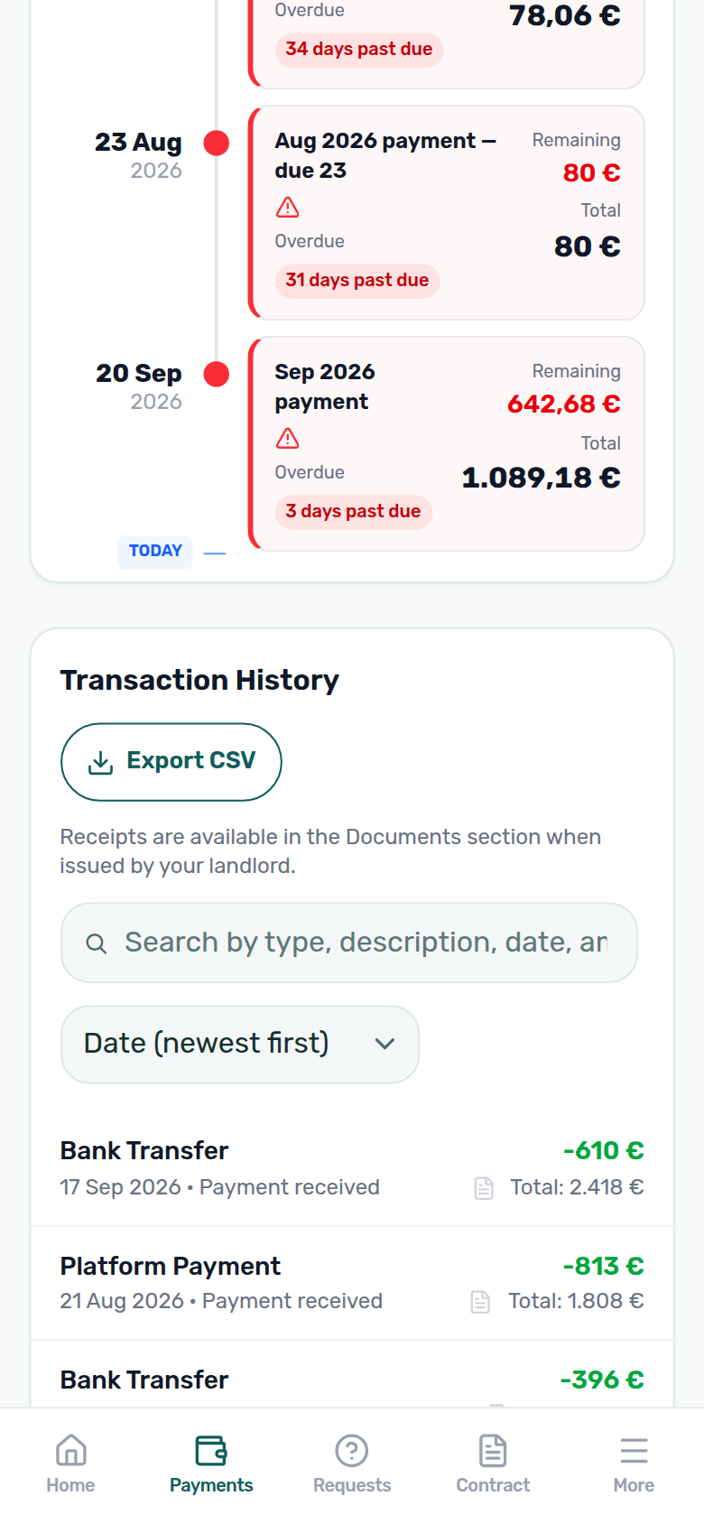 Tenant Portal — phone Transaction History with Export CSV under the heading