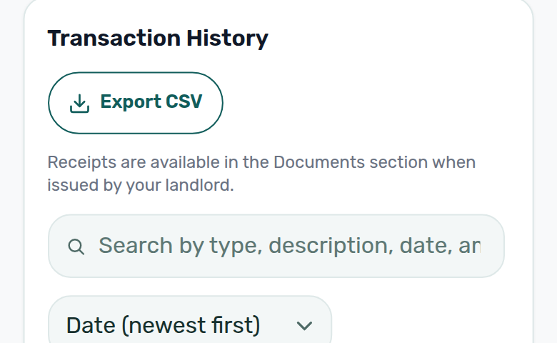Tenant Portal — phone Transaction History Export CSV, receipts line, and search