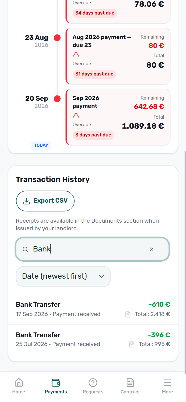 Tenant Portal — phone Transaction History Export CSV with search Bank