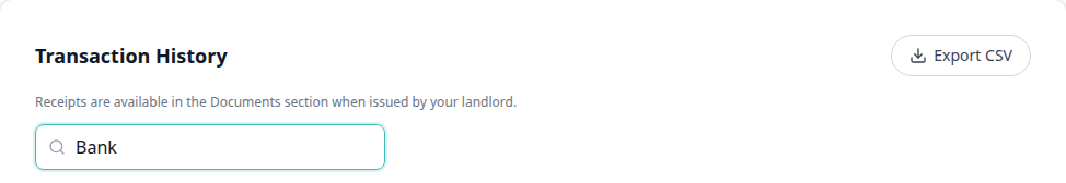 Tenant Portal — Transaction History search Bank before Export CSV