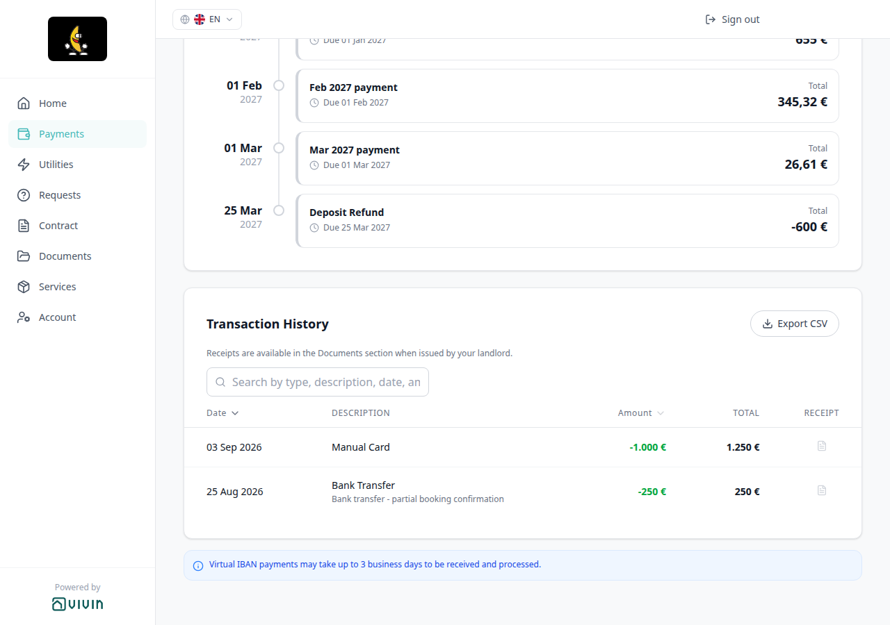 Tenant Portal — Payments Transaction History with Manual Card among Bank Transfer