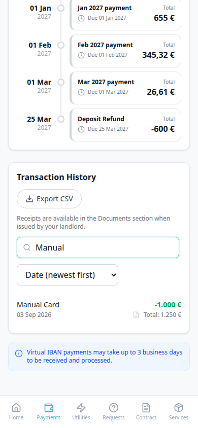 Tenant Portal — phone Transaction History search Manual with Manual Card card
