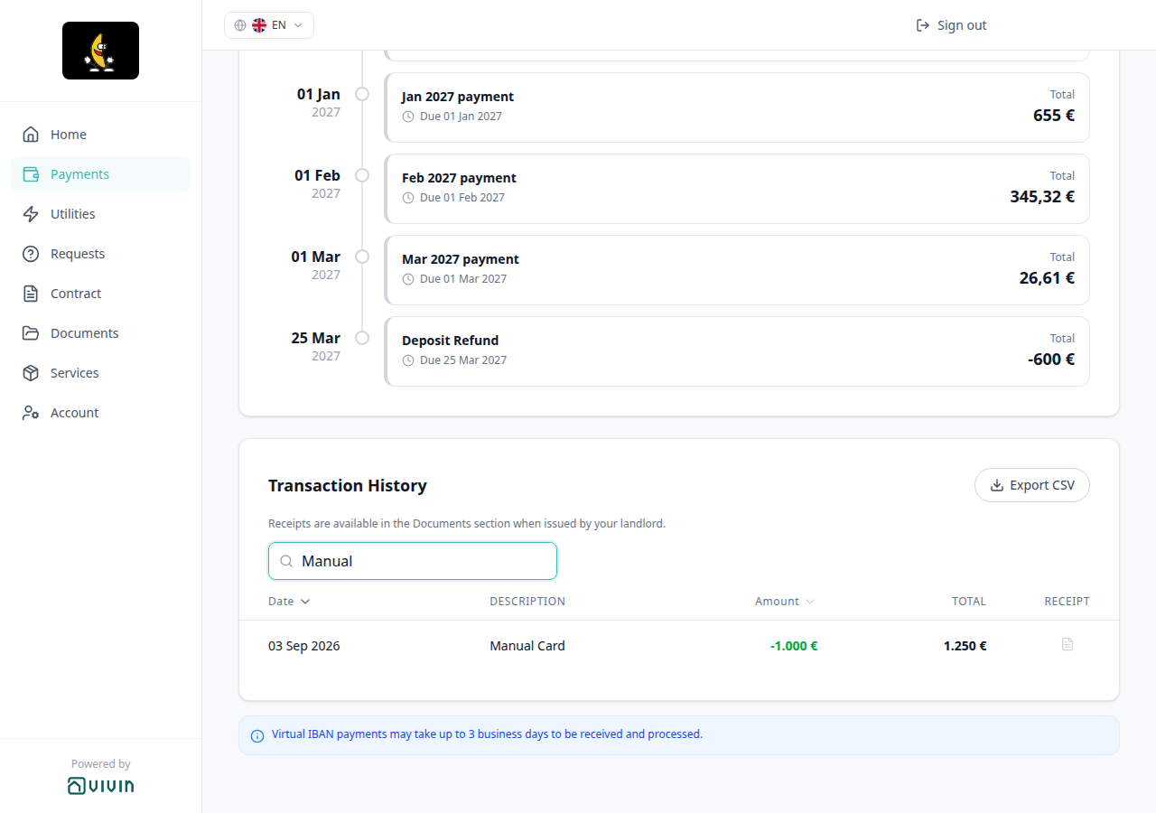 Tenant Portal — Transaction History search Manual keeping the Manual Card row