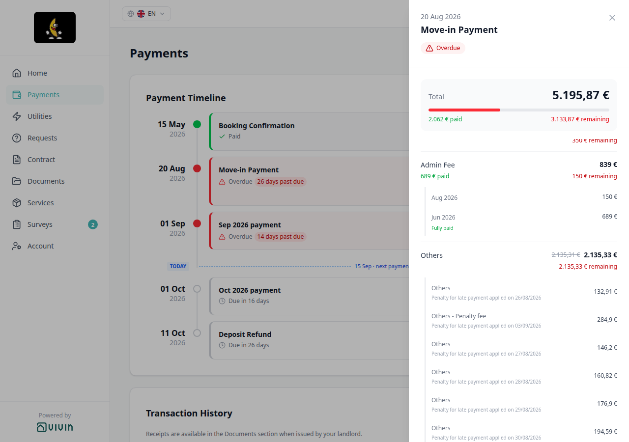 Tenant Portal — Move-in Payment details open with BREAKDOWN Others and Others - Penalty fee