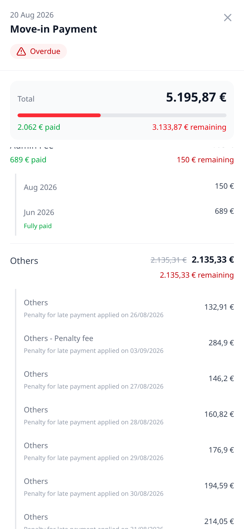 Tenant Portal — phone Move-in Payment details scrolled to Others and Others - Penalty fee