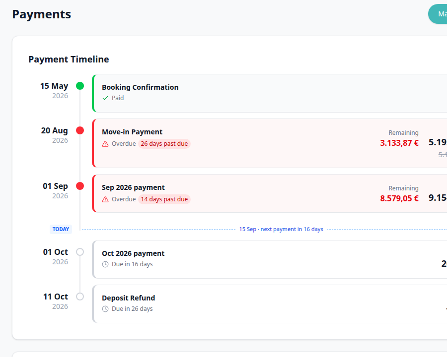Tenant Portal — Payment Timeline with Move-in Payment overdue card that includes Others charges