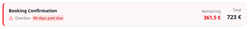 Tenant Portal — Booking Confirmation card Overdue 96 days past due Remaining and Total