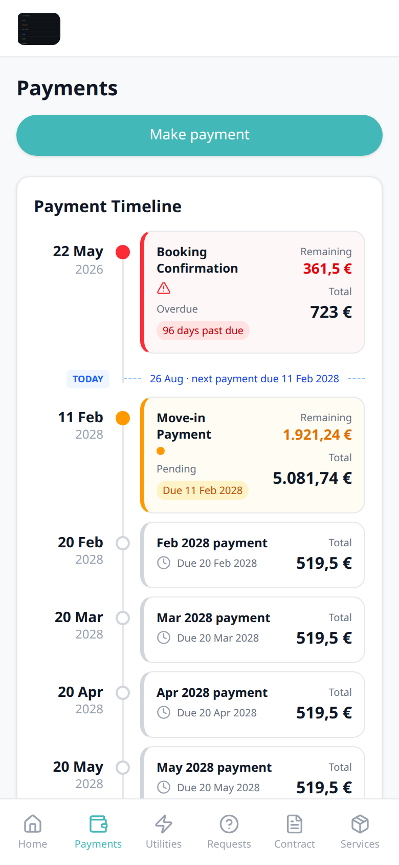 Tenant Portal — phone Payment Timeline Overdue 96 days past due