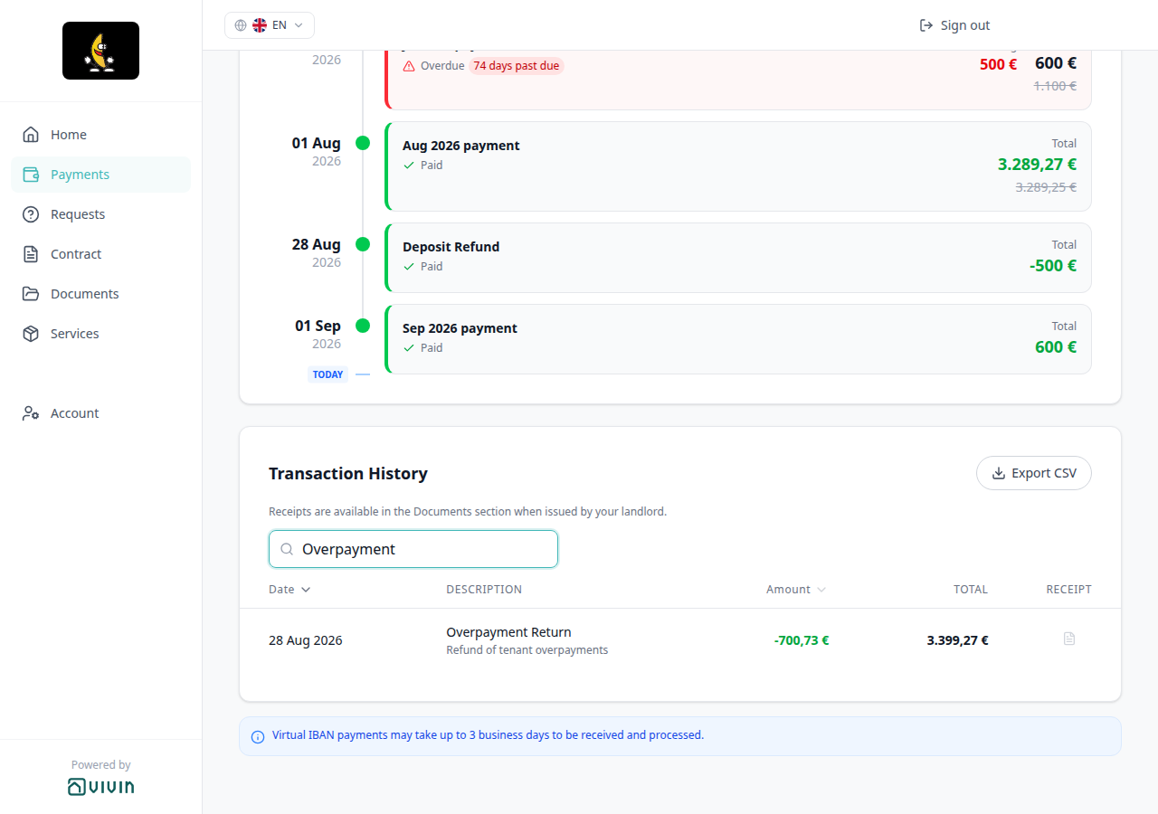 Tenant Portal — Payments Transaction History with Overpayment Return among Deposit Refund timeline cards