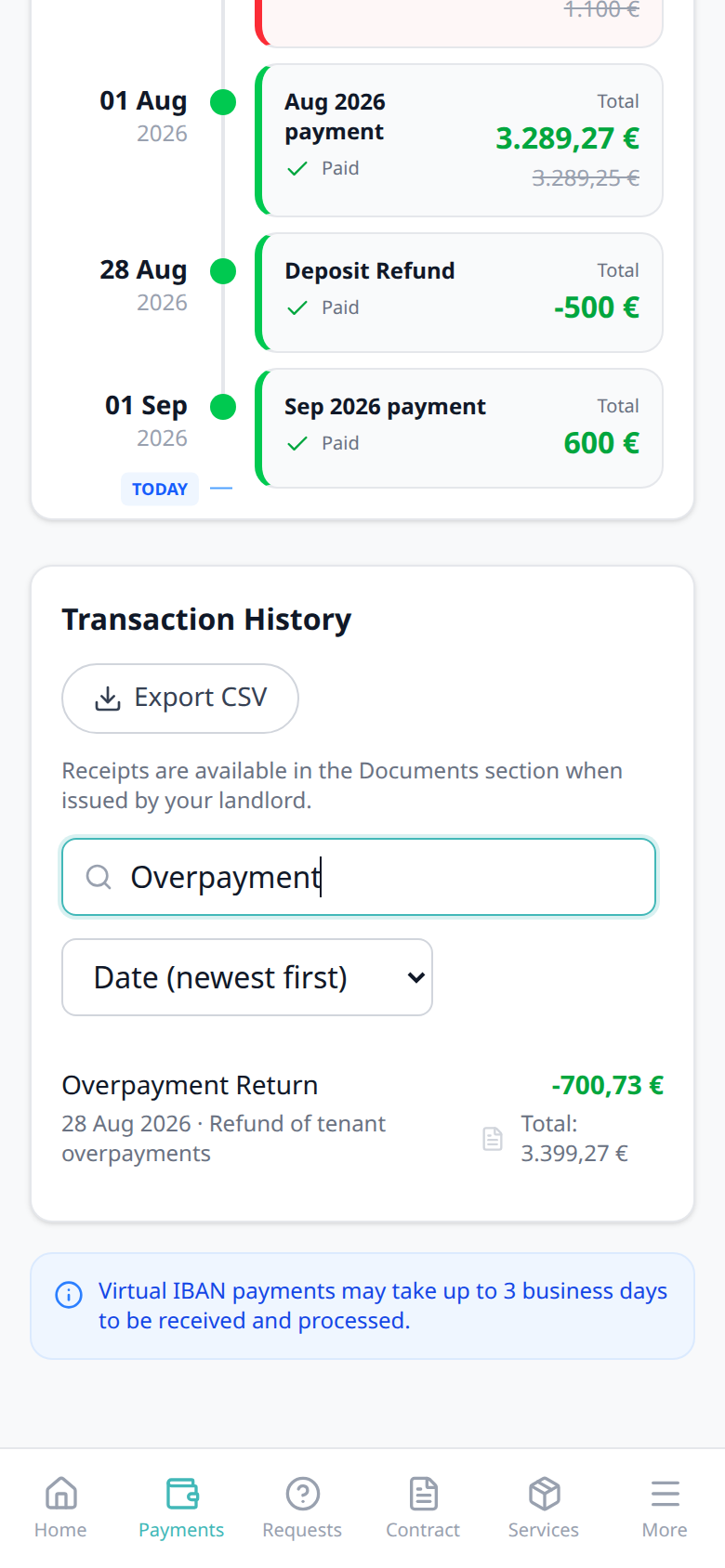 Tenant Portal — phone Transaction History search Overpayment with Overpayment Return card