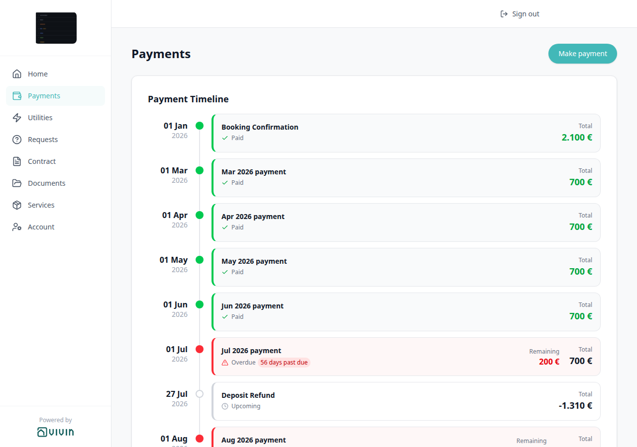 Tenant Portal — Payment Timeline Booking Confirmation Paid with green Total
