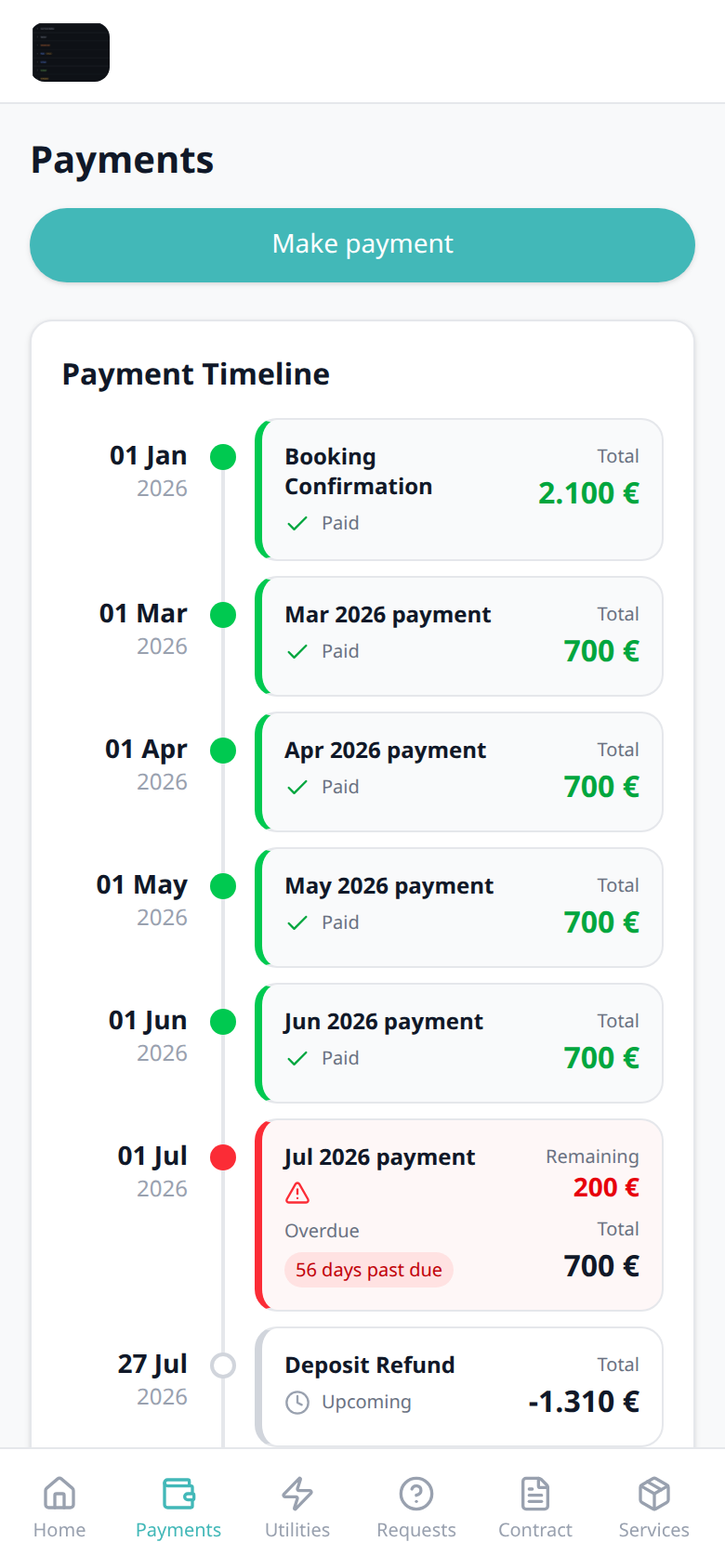 Tenant Portal — phone Payment Timeline Paid Booking Confirmation