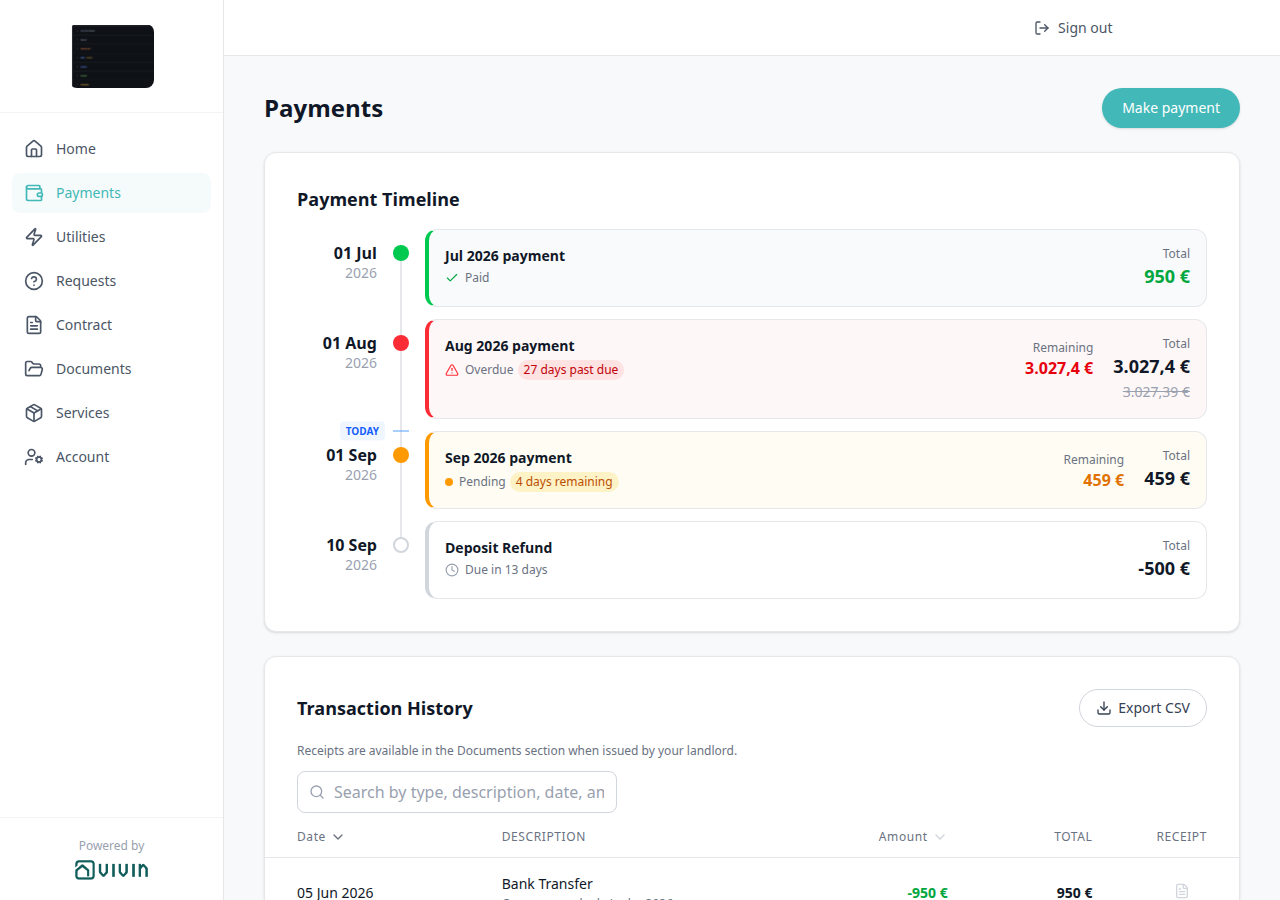 Tenant Portal — Payment Timeline Sep 2026 payment Pending with 4 days remaining