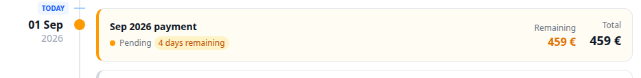 Tenant Portal — Sep 2026 payment card Pending 4 days remaining Remaining 459 € and Total 459 €