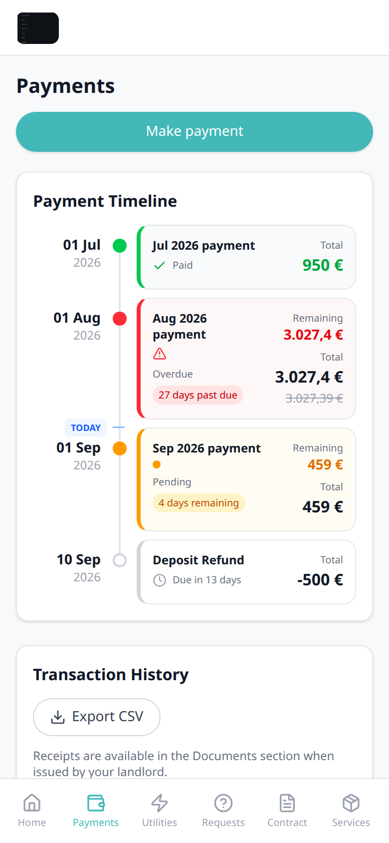 Tenant Portal — phone Payment Timeline Sep 2026 payment Pending 4 days remaining