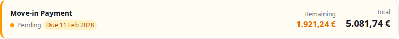 Tenant Portal — Move-in Payment card Pending Remaining 1.921,24 € and Total 5.081,74 €