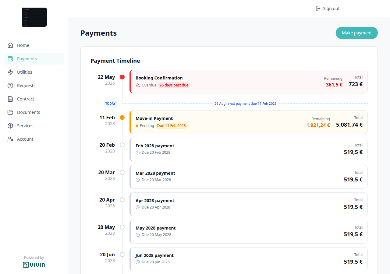 Tenant Portal — Payment Timeline Move-in Payment Pending with Remaining and Due 11 Feb 2028