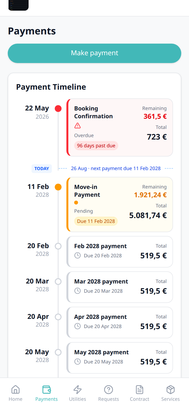 Tenant Portal — phone Payment Timeline Move-in Payment Pending