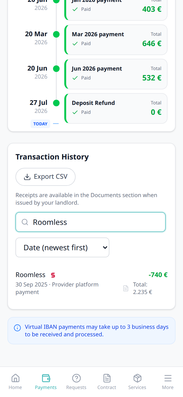 Tenant Portal — phone Transaction History Roomless card with platform logo