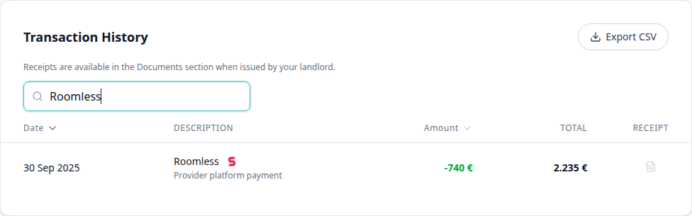 Tenant Portal — Transaction History filtered to Roomless with platform name and logo