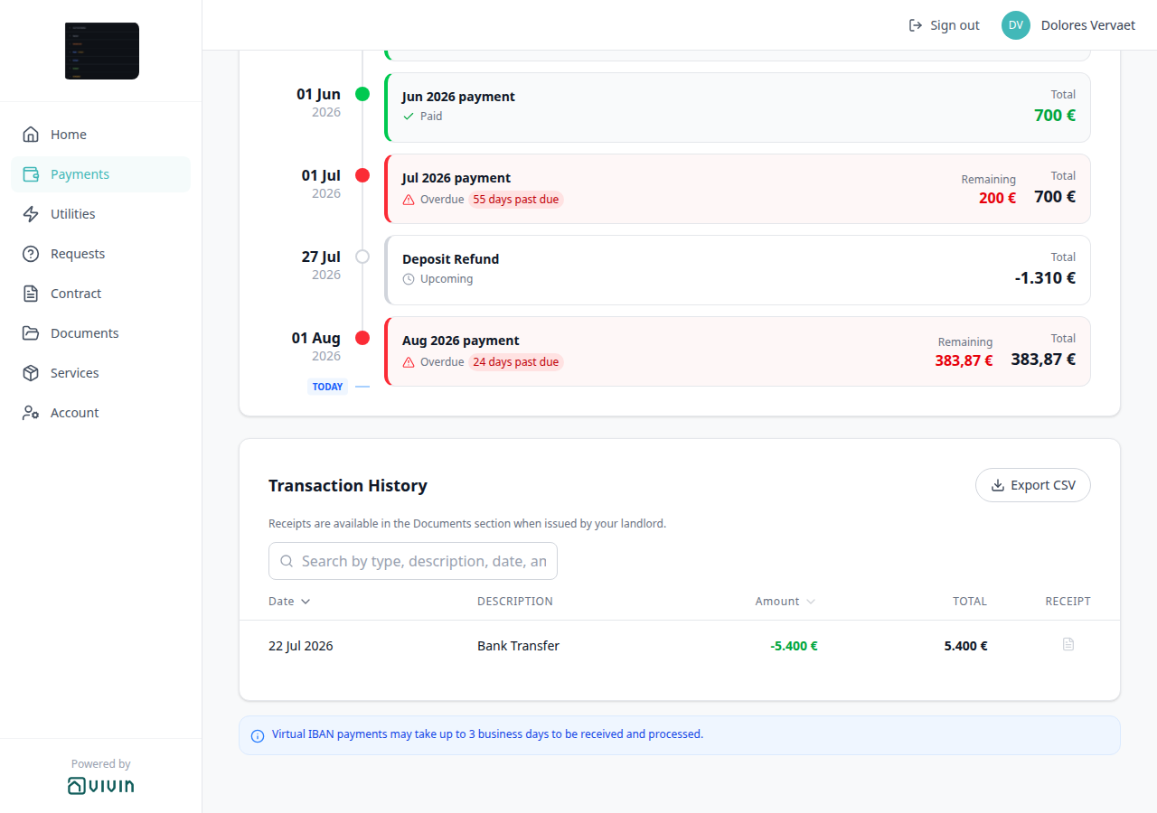 Tenant Portal — Payments Transaction History with Receipt column and Documents fallback