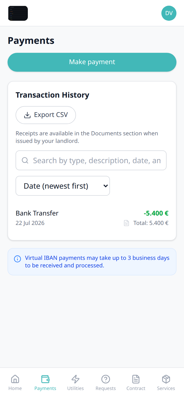 Tenant Portal — phone Transaction History with grey Receipt icon next to Total