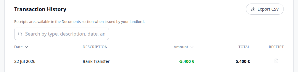 Tenant Portal — Transaction History Receipt column grey icon and Documents fallback line