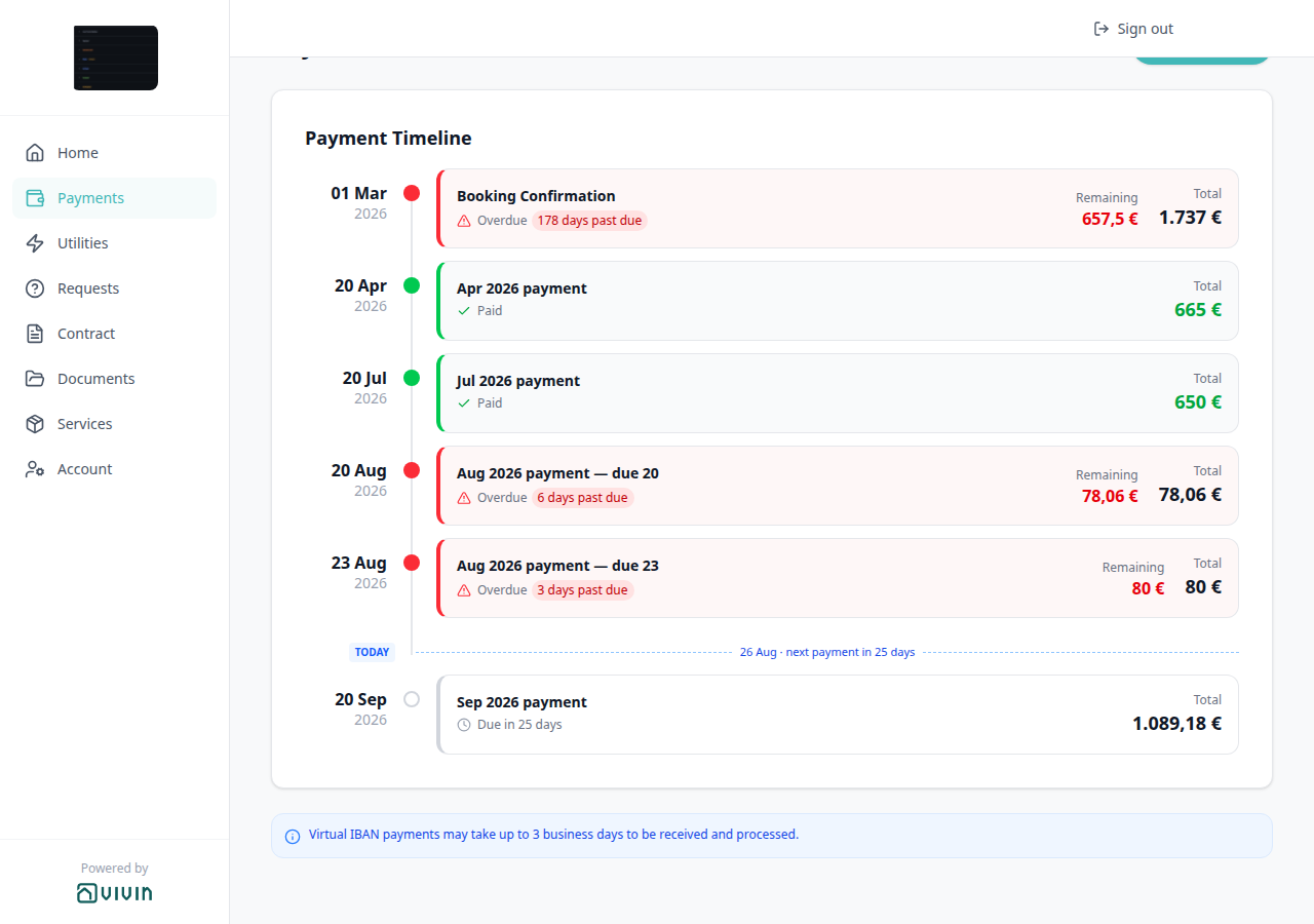 Tenant Portal — Payment Timeline with two August cards titled due 20 and due 23