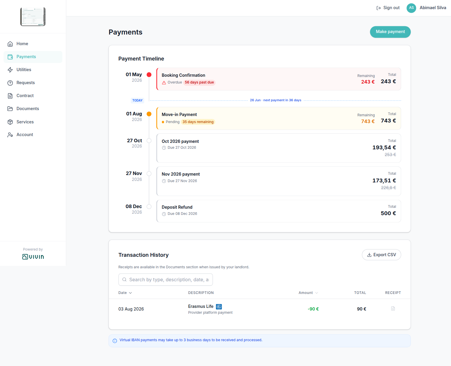 Tenant Portal — Payments tab with payment schedule timeline and transaction history table