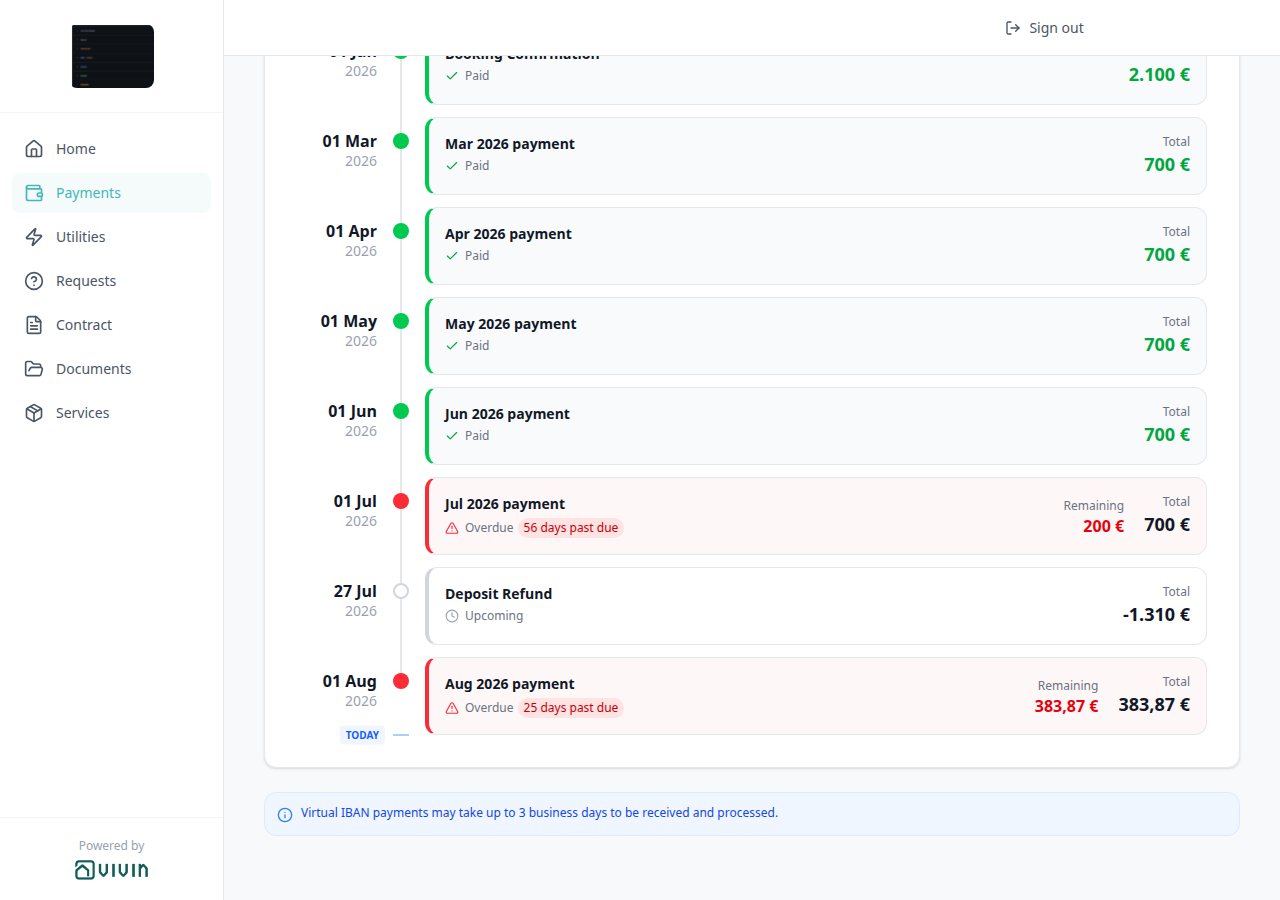 Tenant Portal — Payment Timeline Deposit Refund Upcoming with minus Total