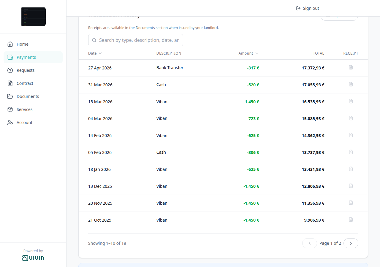 Tenant Portal — Payments Transaction History page 1 with Showing 1–10 of 18