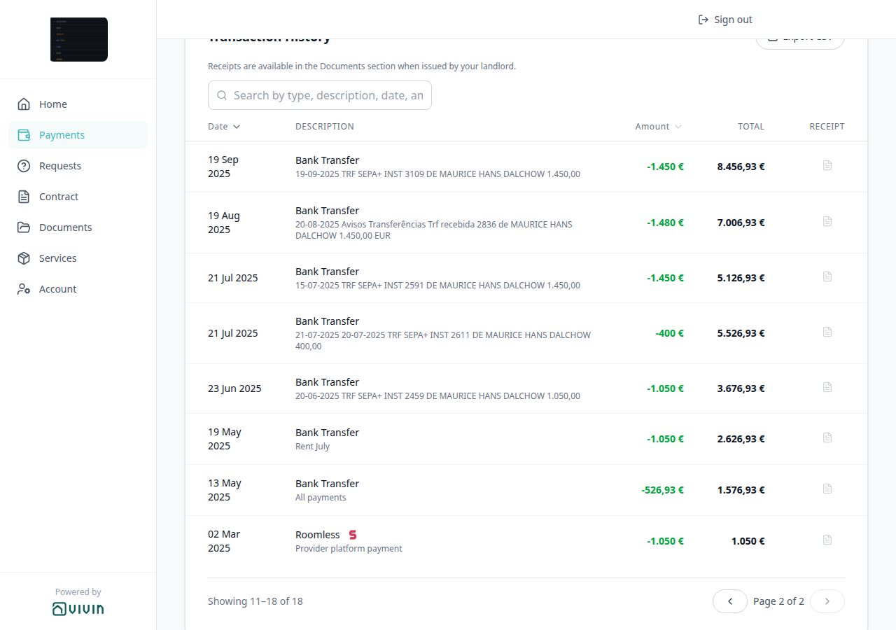 Tenant Portal — Transaction History page 2 Showing 11–18 of 18