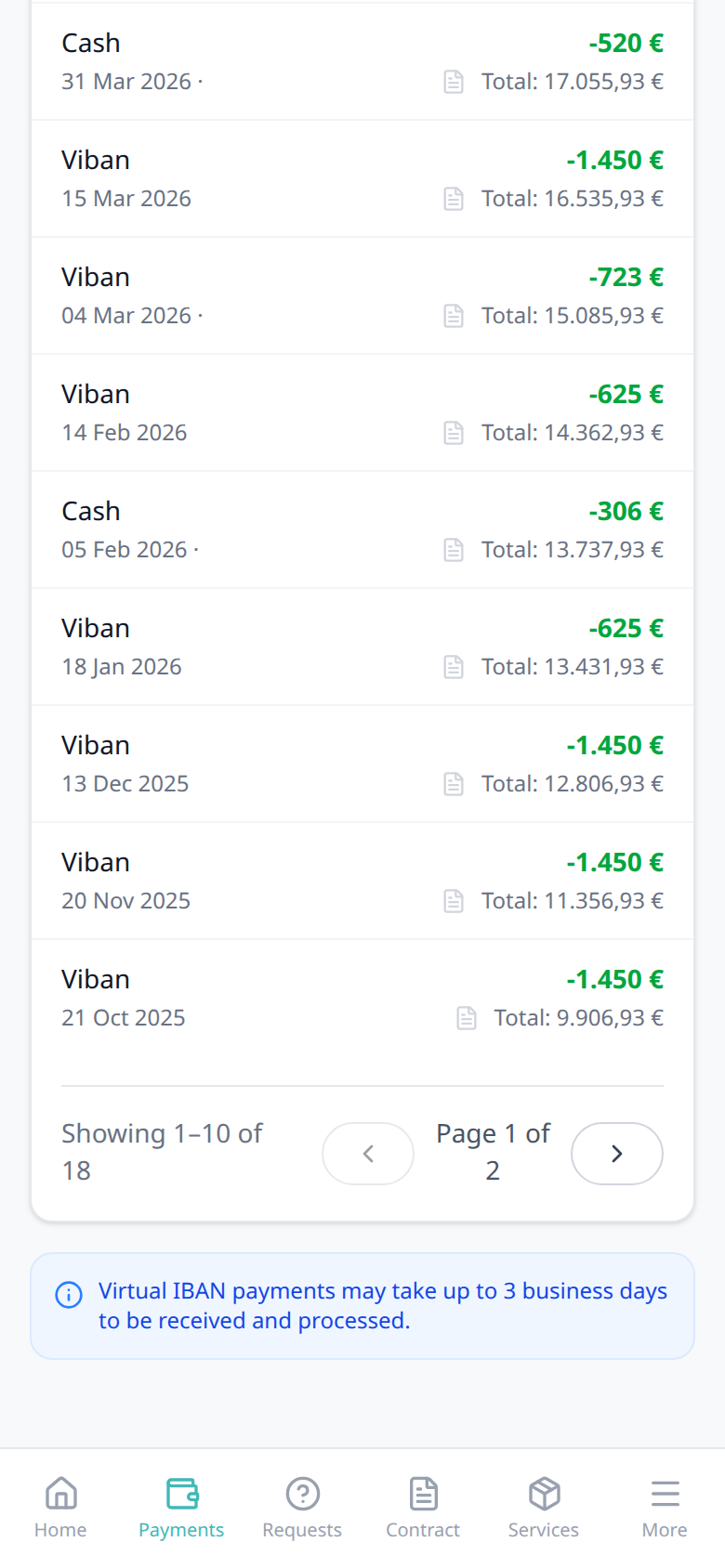 Tenant Portal — phone Transaction History pagination Showing 1–10 of 18
