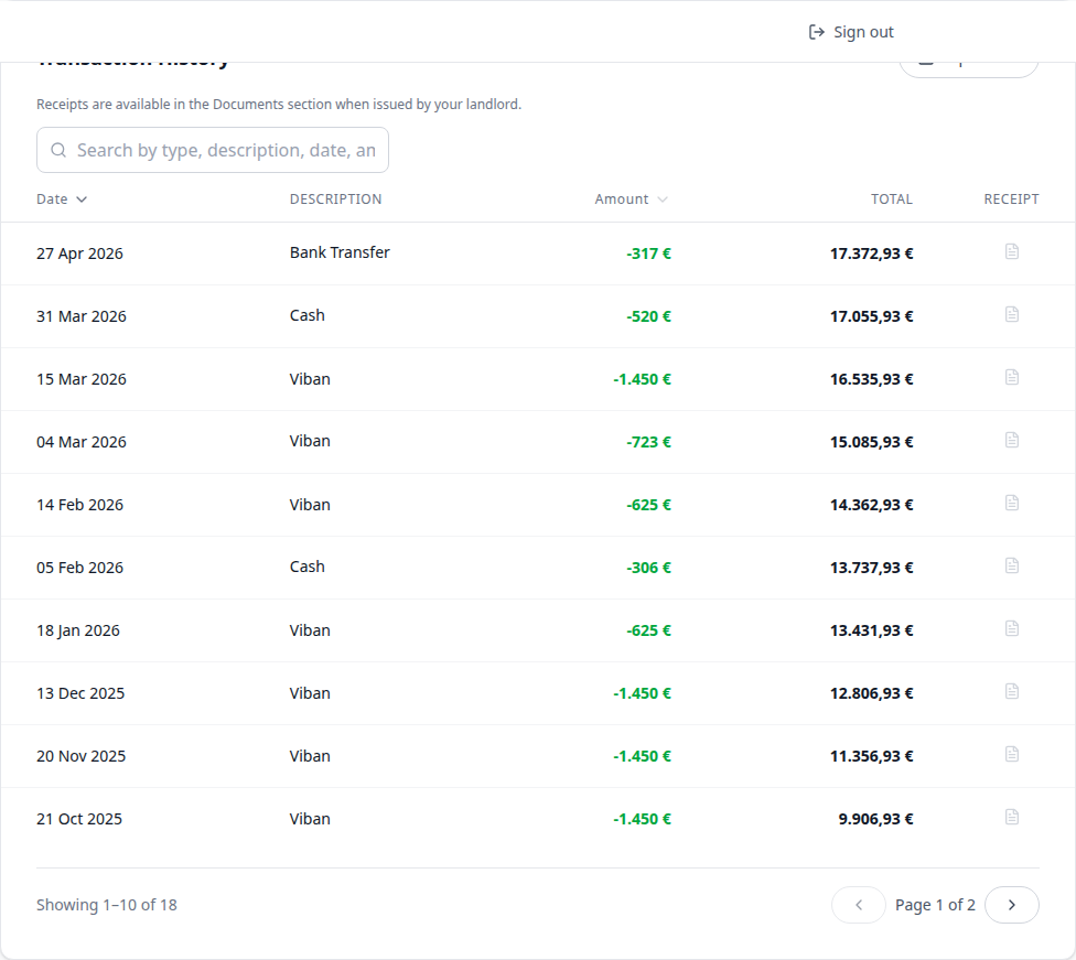 Tenant Portal — Transaction History table and pagination footer on page 1