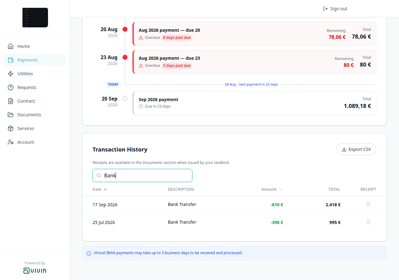 Tenant Portal — Payments Transaction History search with Bank keeping Bank Transfer rows