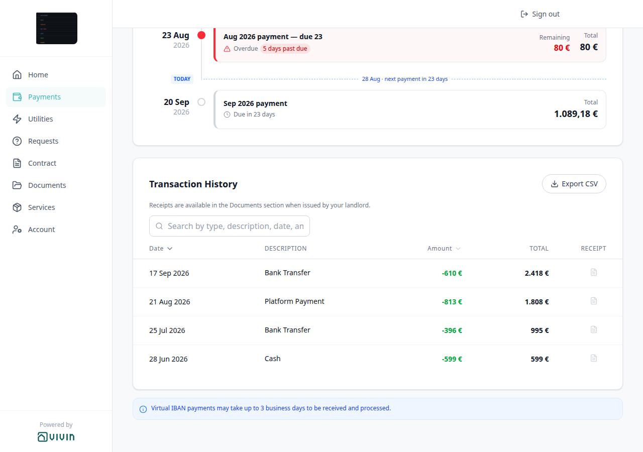 Tenant Portal — Payments Transaction History with empty search showing every row