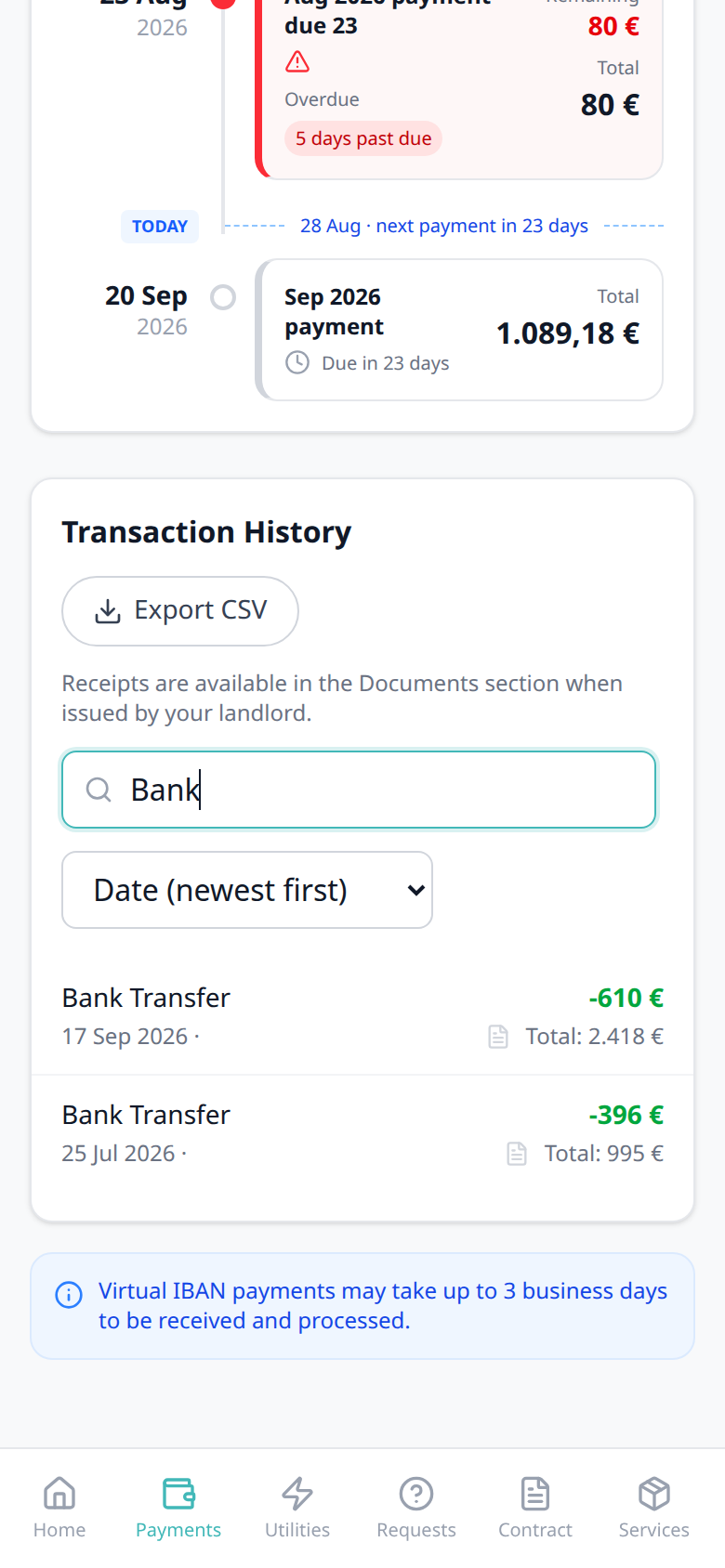 Tenant Portal — phone Transaction History search Bank with Date newest first