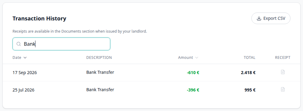 Tenant Portal — Transaction History filtered to Bank Transfer after typing Bank