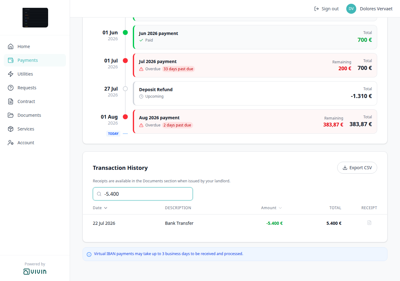 Tenant Portal — Transaction History filtered by signed amount -5.400 matching Bank Transfer -5.400 €