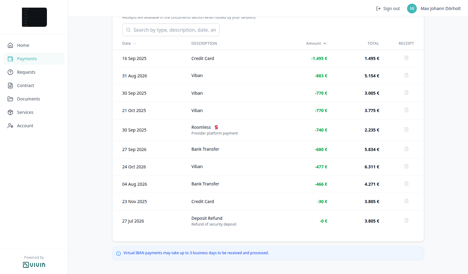 Tenant Portal — Transaction History sorted by Amount low to high