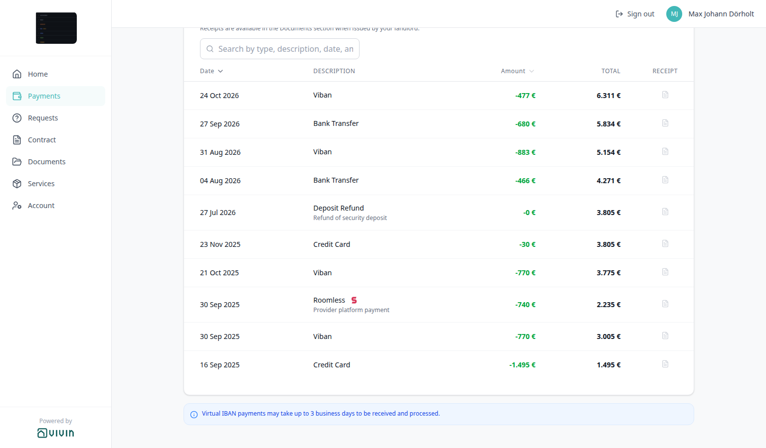 Tenant Portal — Transaction History sorted by Date newest first