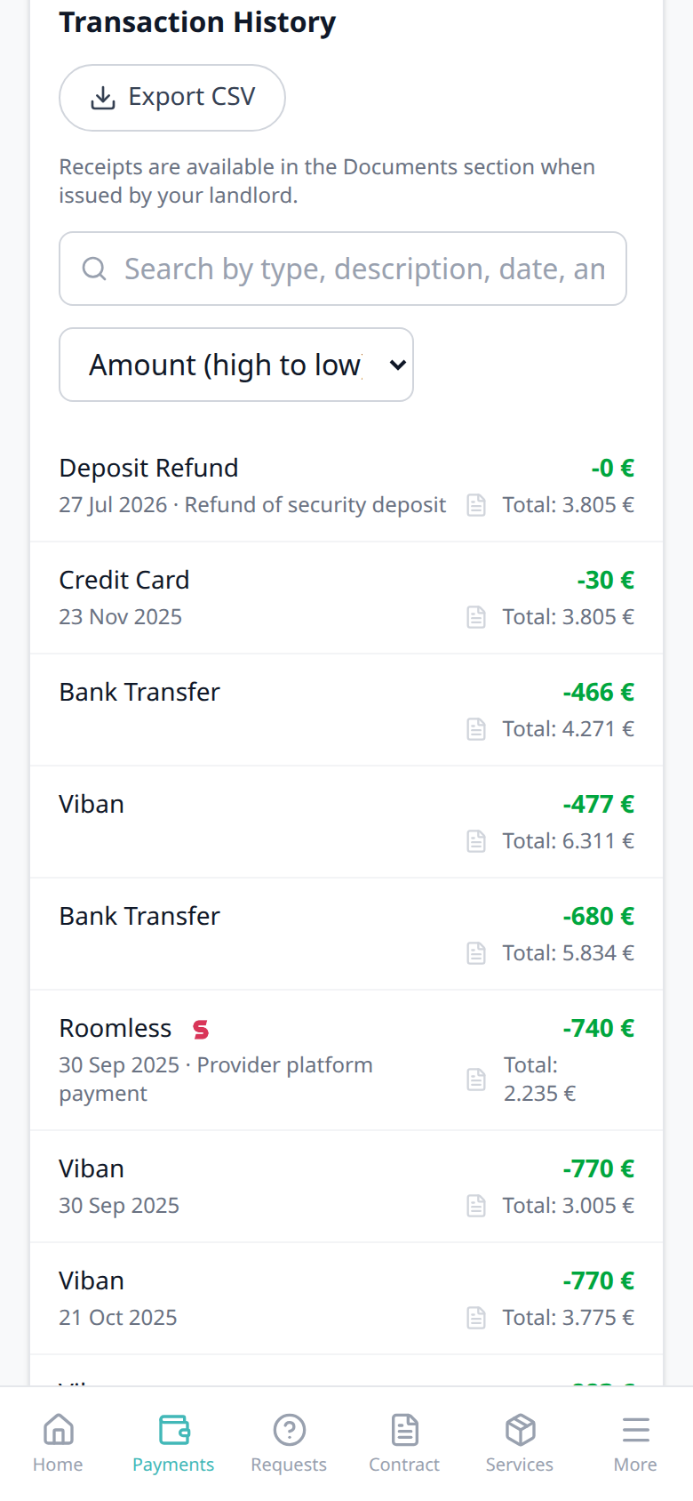 Tenant Portal — phone Transaction History sort menu set to Amount high to low