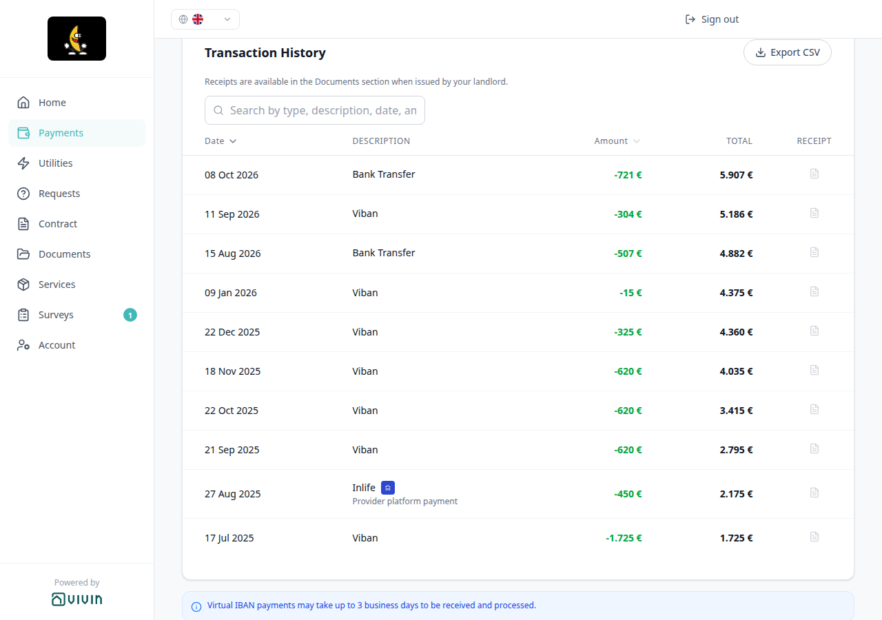 Tenant Portal — Payments Transaction History with Viban among Bank Transfer and Inlife
