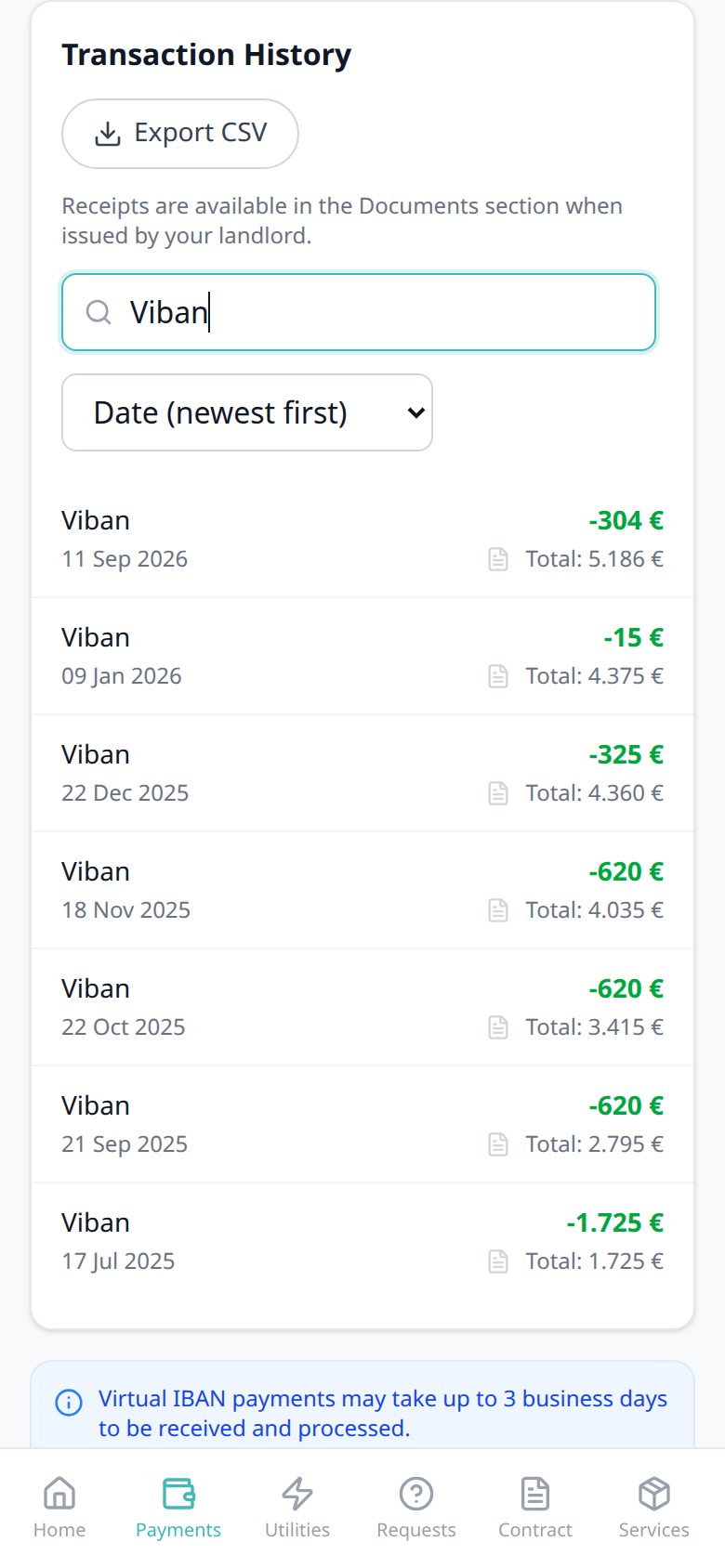 Tenant Portal — phone Transaction History search Viban with Viban cards