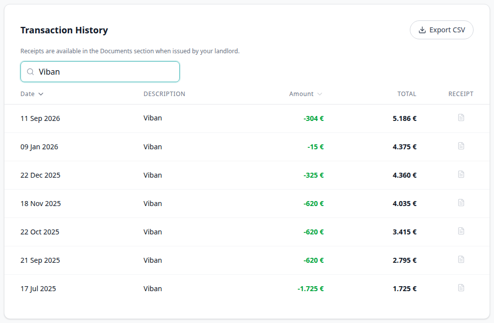 Tenant Portal — Transaction History search Viban keeping Viban rows